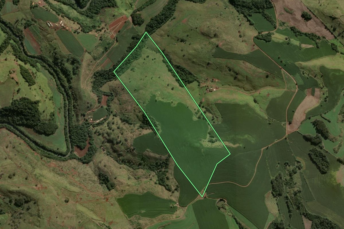 Imagem de satélite do imóvel rural em Rio Bom (PR), com o contorno declarado no CAR desenhado por cima.