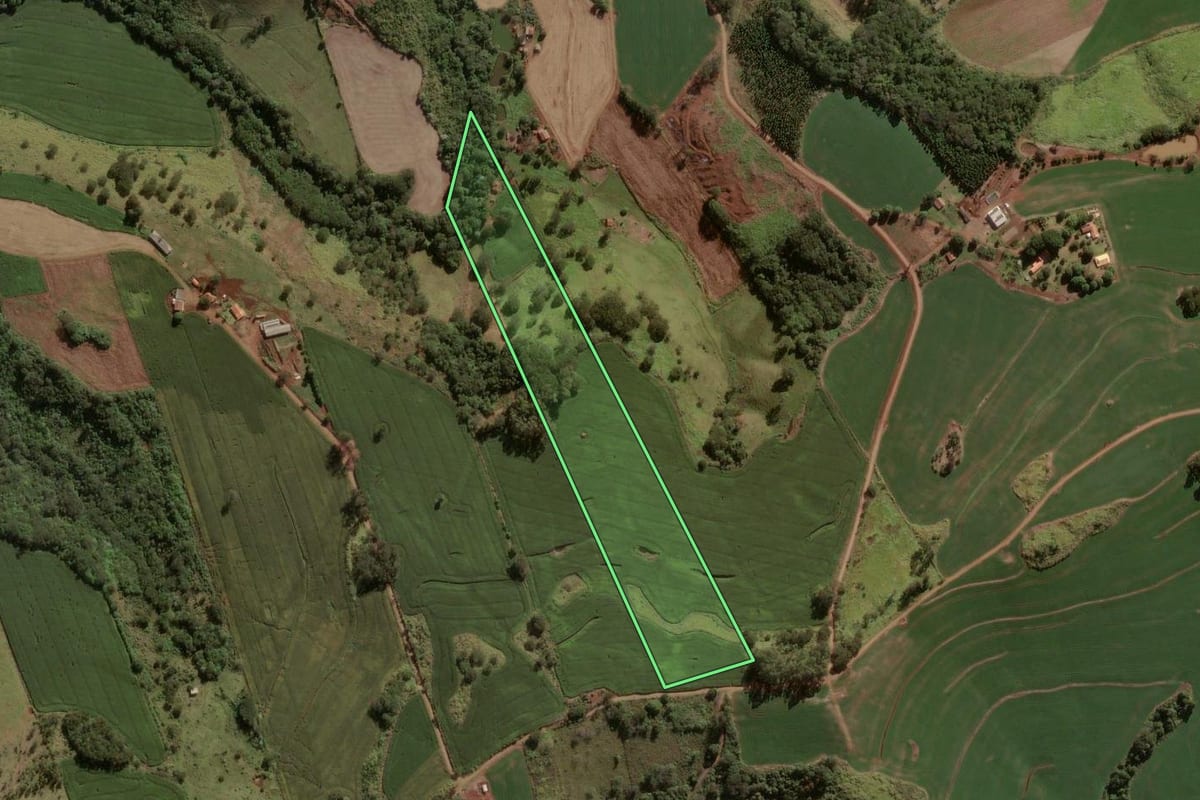 Imagem de satélite do imóvel rural em Rio Bom (PR), com o contorno declarado no CAR desenhado por cima.