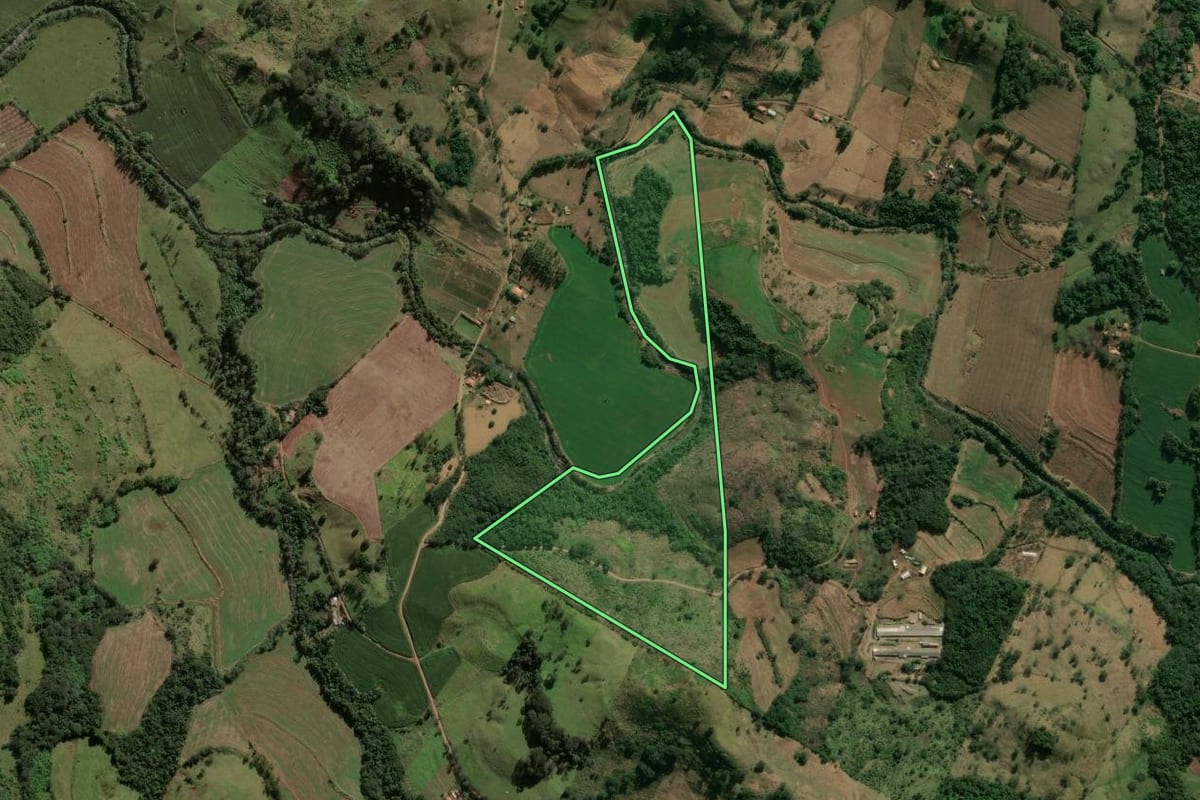 Imagem de satélite do imóvel rural em Rio Bom (PR), com o contorno declarado no CAR desenhado por cima.