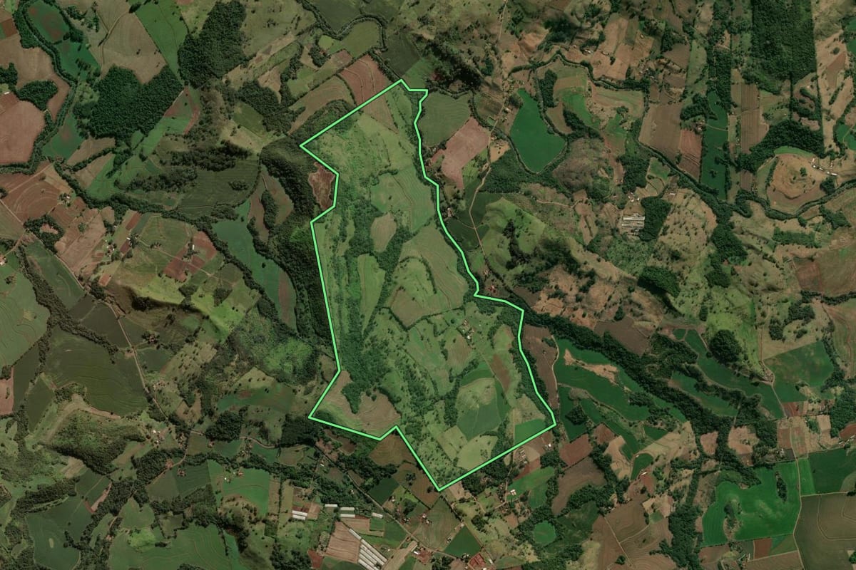 Imagem de satélite do imóvel rural em Rio Bom (PR), com o contorno declarado no CAR desenhado por cima.