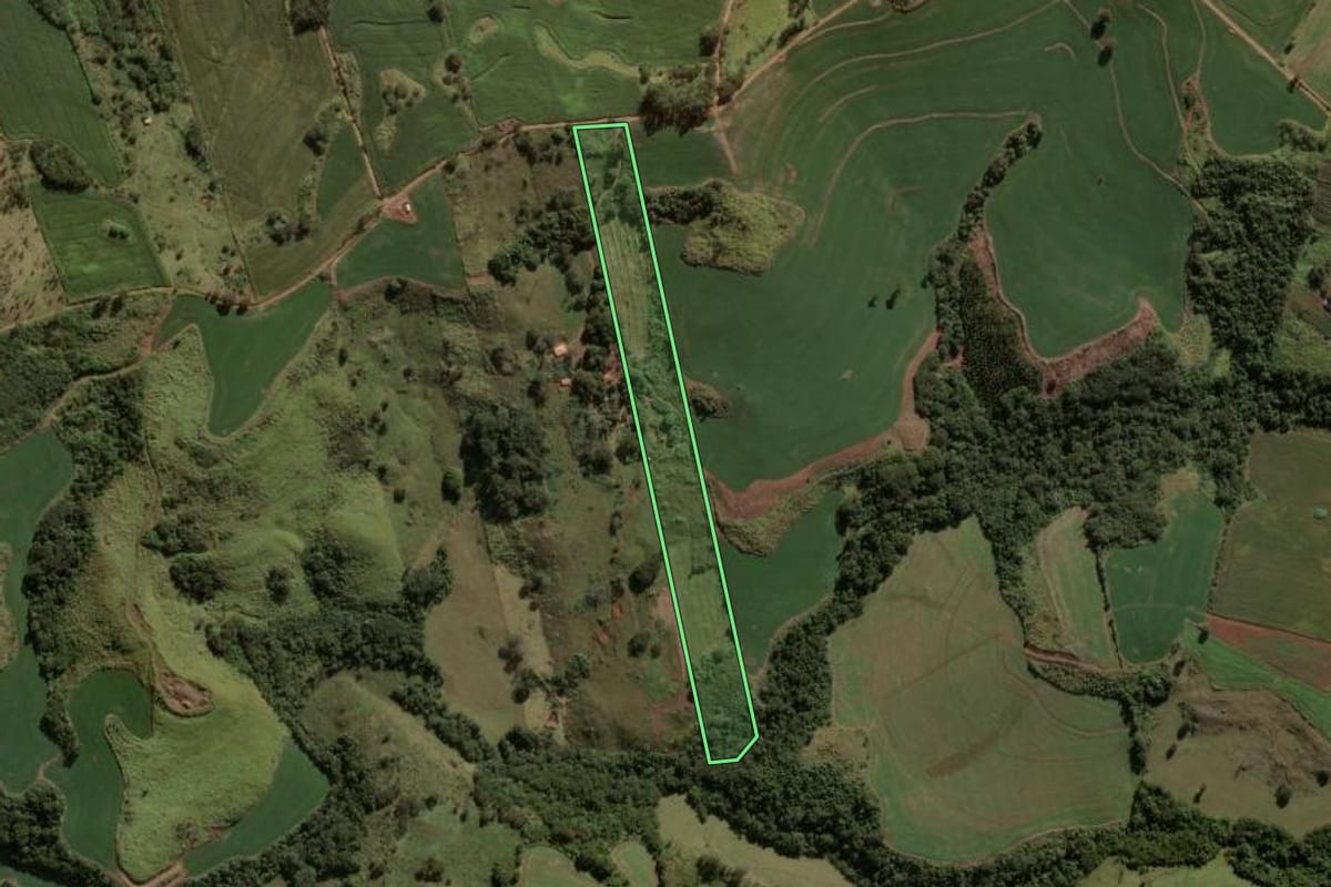 Imagem de satélite do imóvel rural em Rio Bom (PR), com o contorno declarado no CAR desenhado por cima.