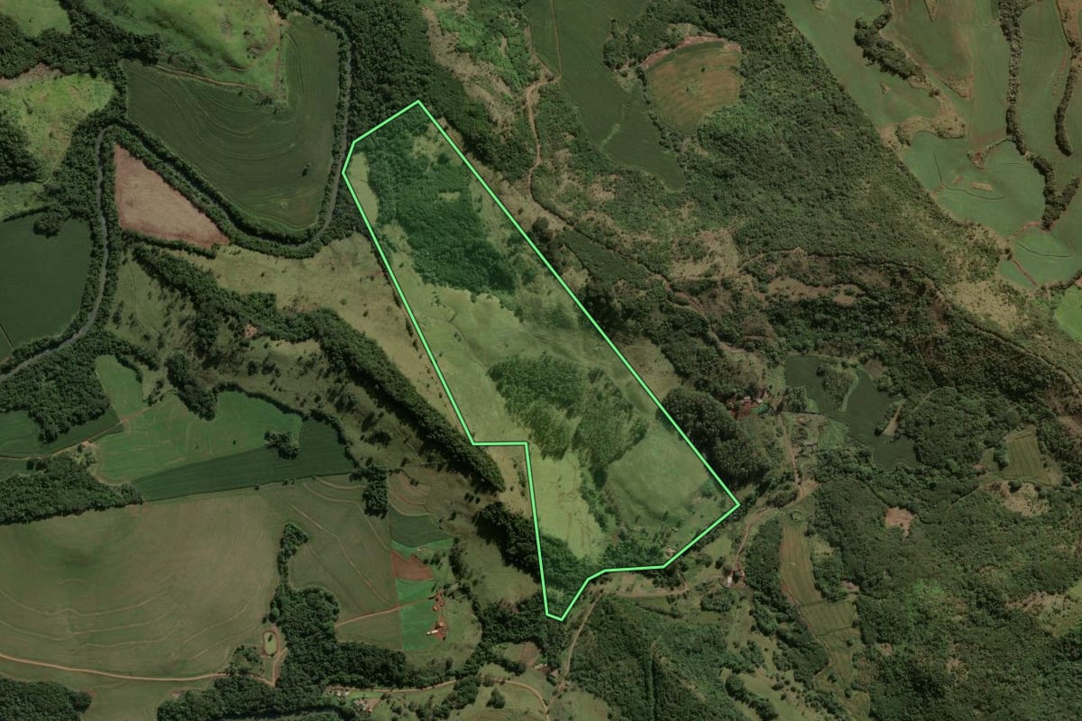 Imagem de satélite do imóvel rural em Rio Bom (PR), com o contorno declarado no CAR desenhado por cima.
