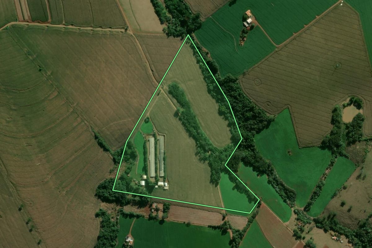 Imagem de satélite do imóvel rural em Rio Bom (PR), com o contorno declarado no CAR desenhado por cima.