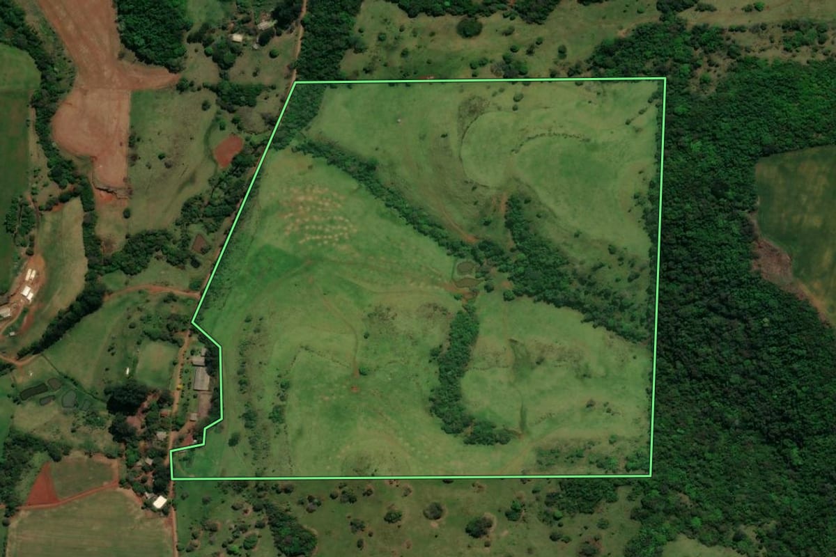 Imagem de satélite do imóvel rural em Rio Bonito do Iguaçu (PR), com o contorno declarado no CAR desenhado por cima.