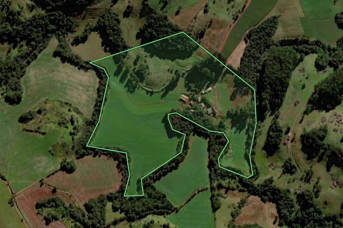 Imagem de satélite do imóvel rural em Rio Bonito do Iguaçu (PR), com o contorno declarado no CAR desenhado por cima.