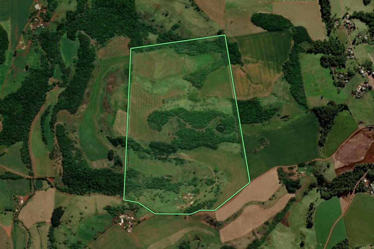 Imagem de satélite do imóvel rural em Rio Bonito do Iguaçu (PR), com o contorno declarado no CAR desenhado por cima.