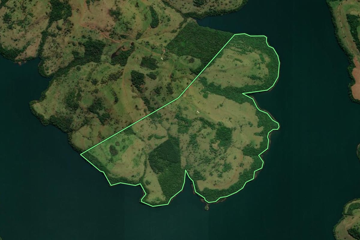 Imagem de satélite do imóvel rural em Rio Bonito do Iguaçu (PR), com o contorno declarado no CAR desenhado por cima.