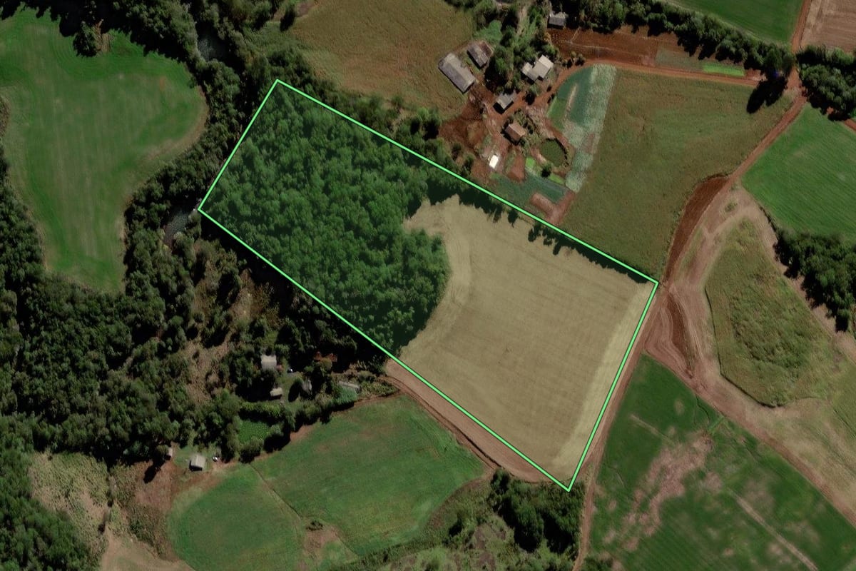 Imagem de satélite do imóvel rural em Rio Bonito do Iguaçu (PR), com o contorno declarado no CAR desenhado por cima.