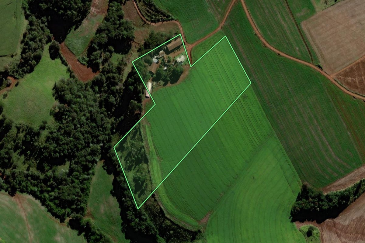 Imagem de satélite do imóvel rural em Rio Bonito do Iguaçu (PR), com o contorno declarado no CAR desenhado por cima.