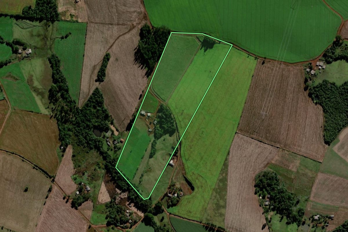 Imagem de satélite do imóvel rural em Rio Bonito do Iguaçu (PR), com o contorno declarado no CAR desenhado por cima.
