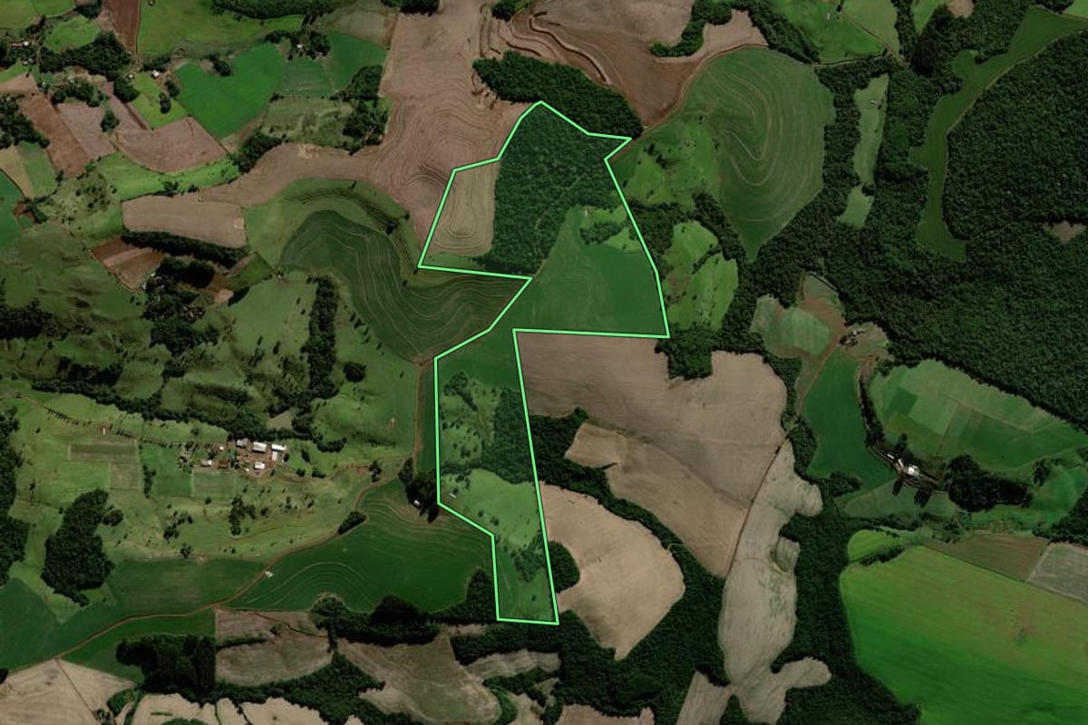 Imagem de satélite do imóvel rural em Rio Bonito do Iguaçu (PR), com o contorno declarado no CAR desenhado por cima.
