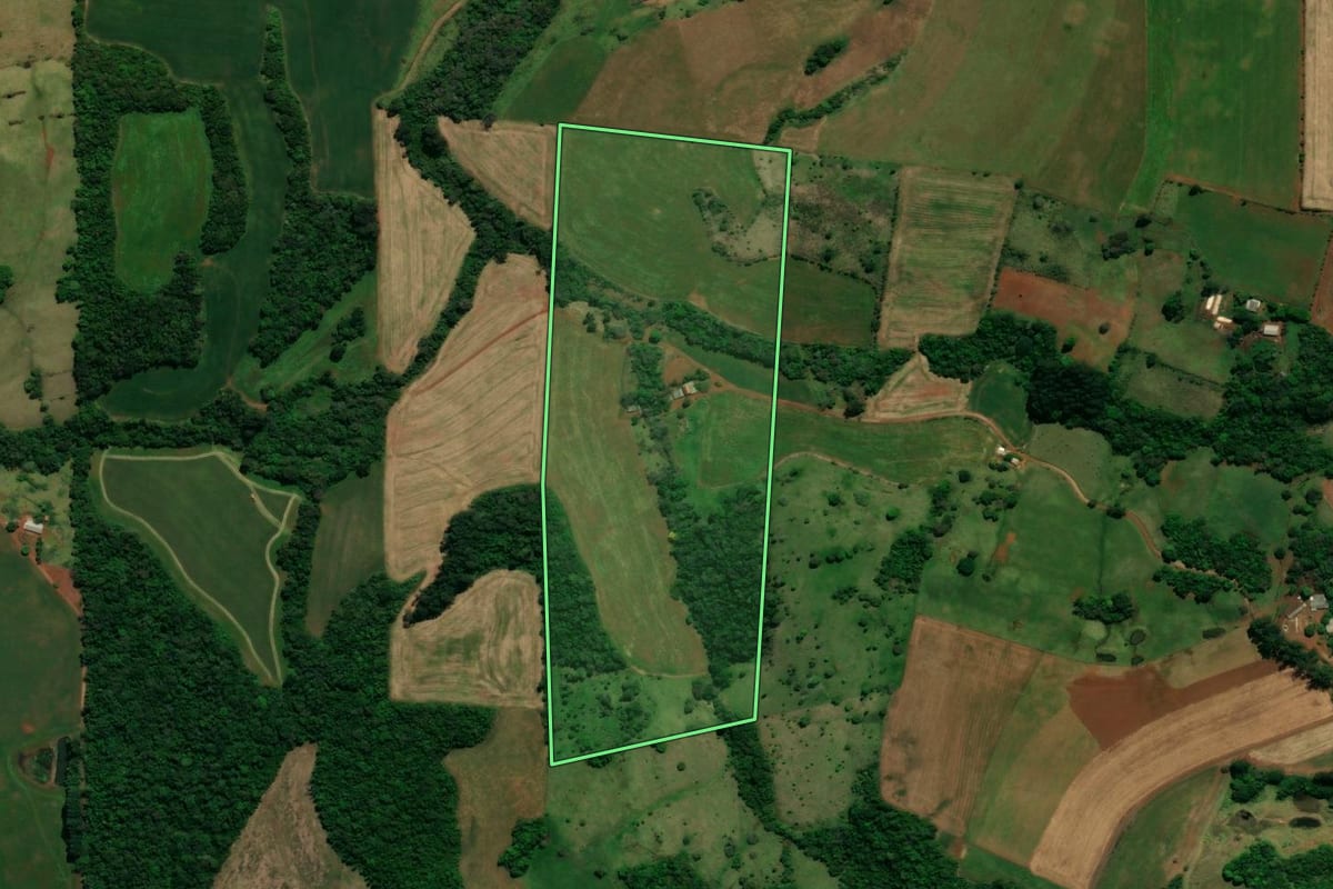 Imagem de satélite do imóvel rural em Rio Bonito do Iguaçu (PR), com o contorno declarado no CAR desenhado por cima.