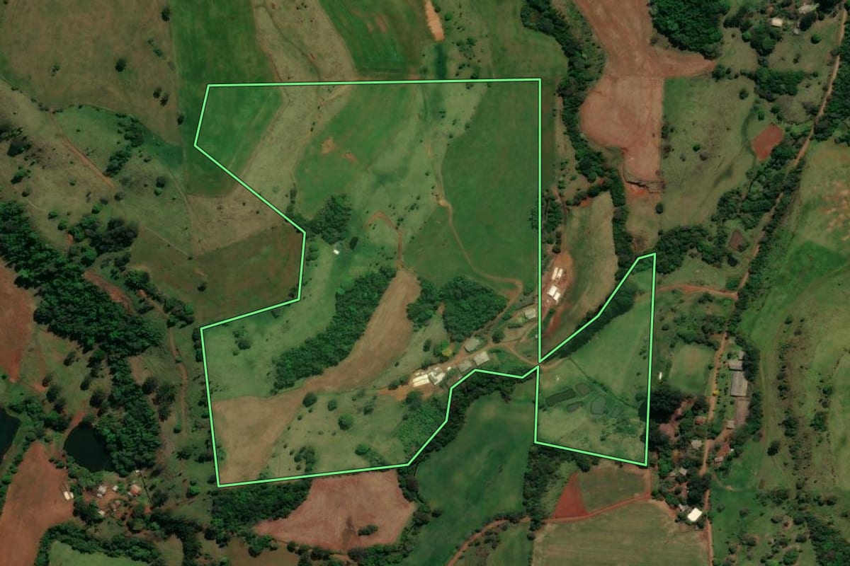 Imagem de satélite do imóvel rural em Rio Bonito do Iguaçu (PR), com o contorno declarado no CAR desenhado por cima.