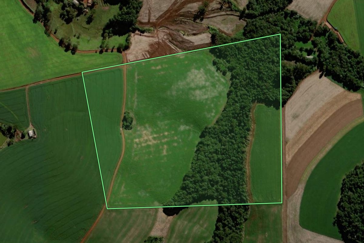 Imagem de satélite do imóvel rural em Rio Bonito do Iguaçu (PR), com o contorno declarado no CAR desenhado por cima.