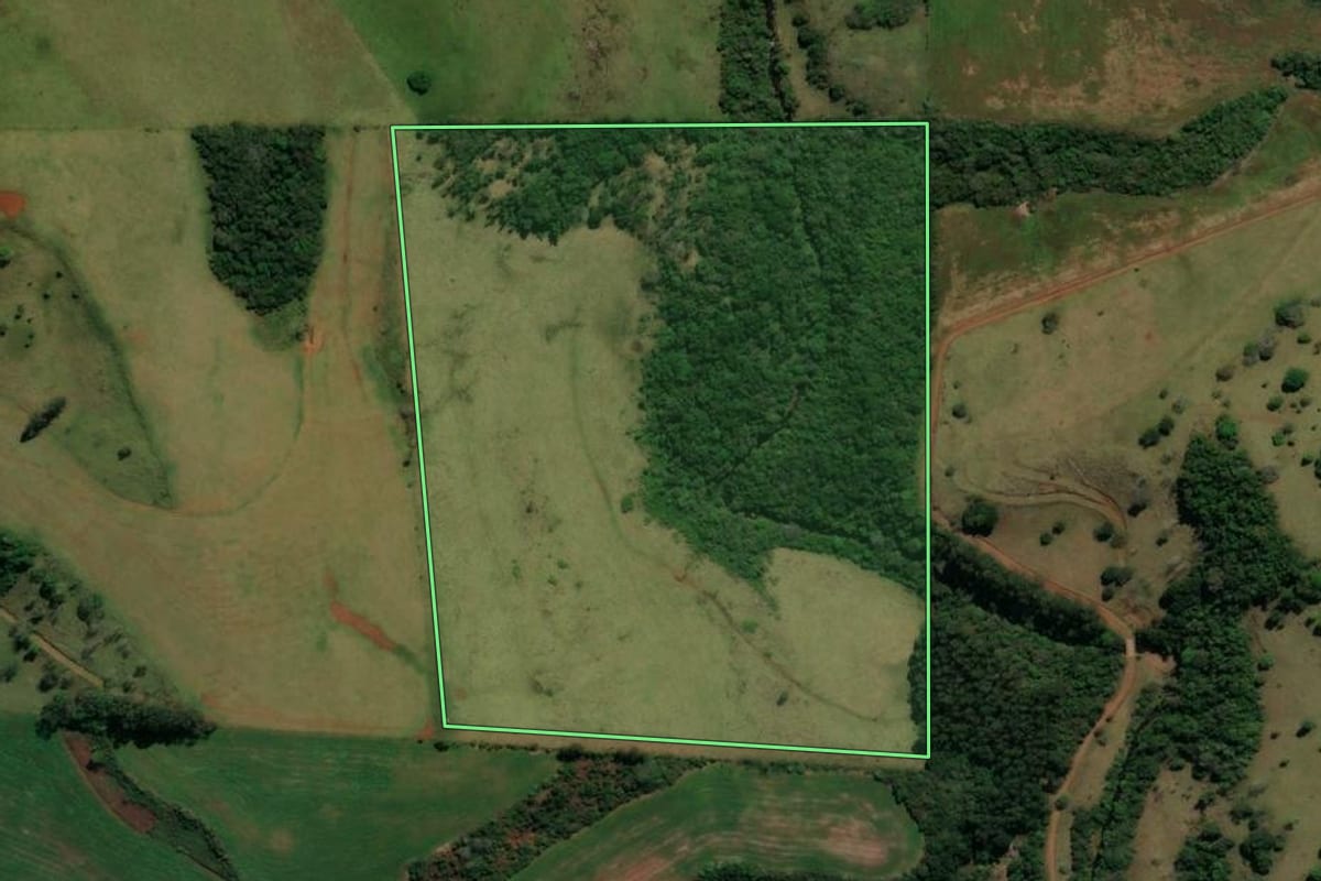 Imagem de satélite do imóvel rural em Rio Bonito do Iguaçu (PR), com o contorno declarado no CAR desenhado por cima.