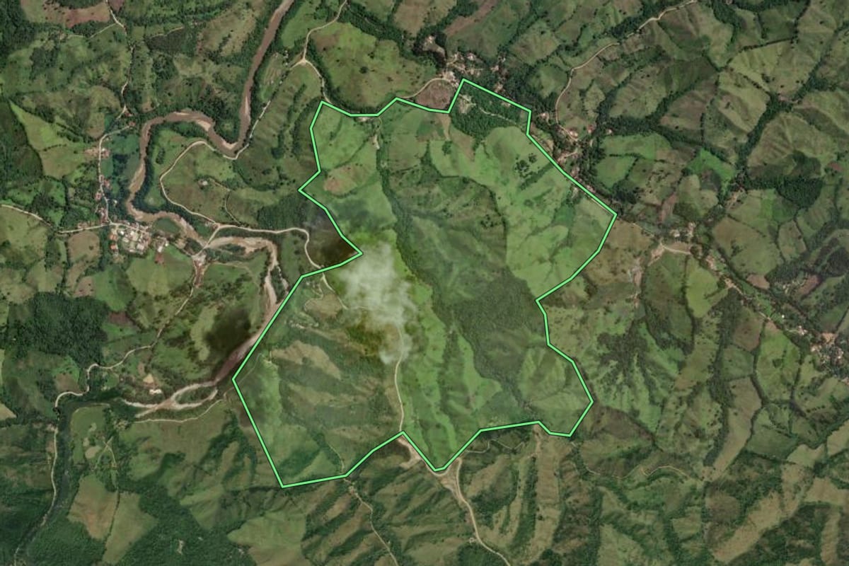 Imagem de satélite do imóvel rural em Rio Branco do Sul (PR), com o contorno declarado no CAR desenhado por cima.