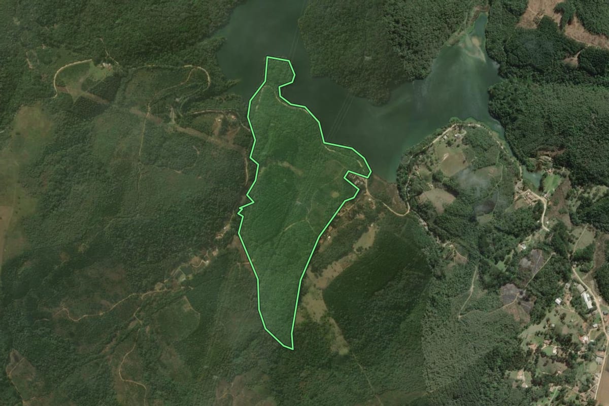 Imagem de satélite do imóvel rural em Rio Branco do Sul (PR), com o contorno declarado no CAR desenhado por cima.