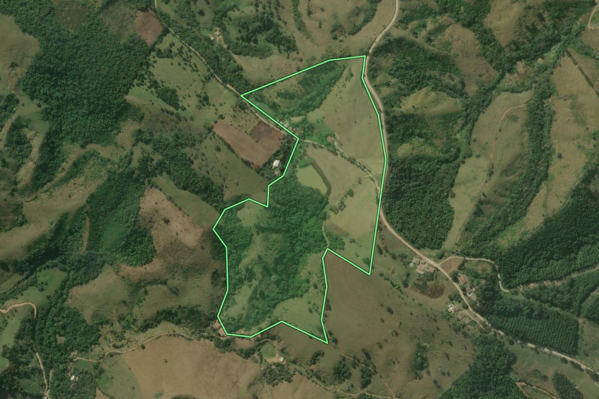 Imagem de satélite do imóvel rural em Rio Branco do Sul (PR), com o contorno declarado no CAR desenhado por cima.