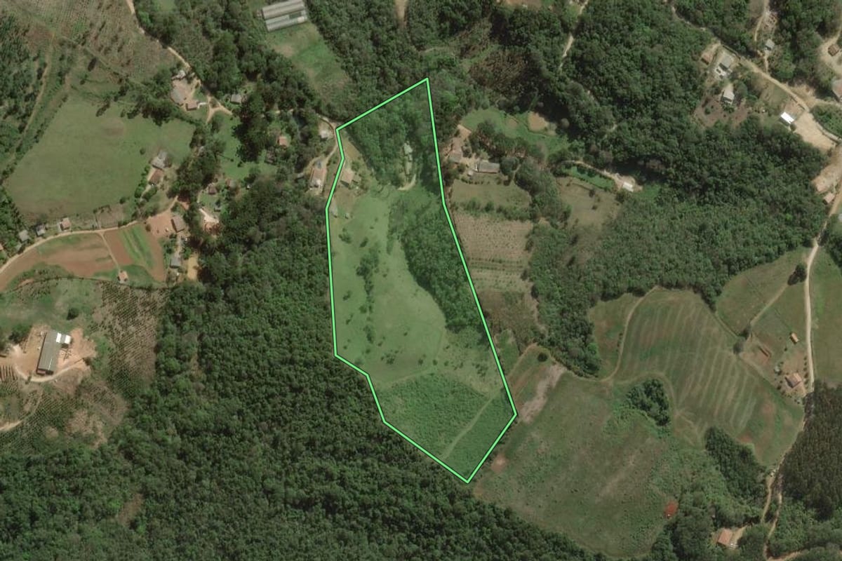 Imagem de satélite do imóvel rural em Rio Branco do Sul (PR), com o contorno declarado no CAR desenhado por cima.