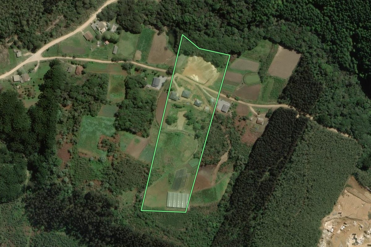 Imagem de satélite do imóvel rural em Rio Branco do Sul (PR), com o contorno declarado no CAR desenhado por cima.