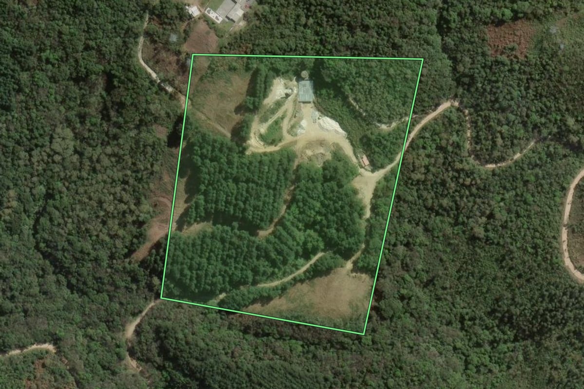 Imagem de satélite do imóvel rural em Rio Branco do Sul (PR), com o contorno declarado no CAR desenhado por cima.
