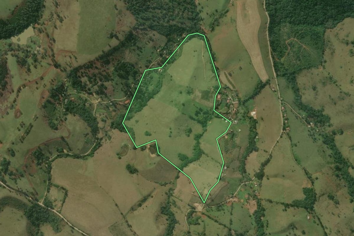 Imagem de satélite do imóvel rural em Rio Branco do Sul (PR), com o contorno declarado no CAR desenhado por cima.