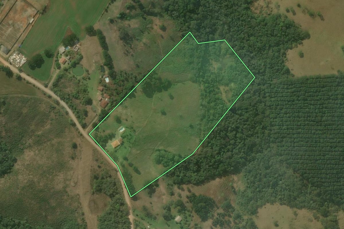 Imagem de satélite do imóvel rural em Rio Branco do Sul (PR), com o contorno declarado no CAR desenhado por cima.