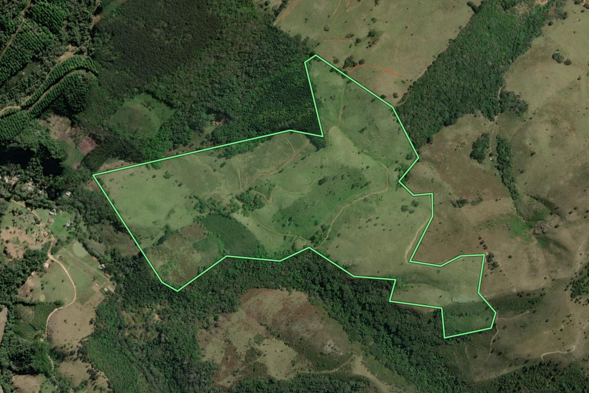 Imagem de satélite do imóvel rural em Rio Branco do Sul (PR), com o contorno declarado no CAR desenhado por cima.