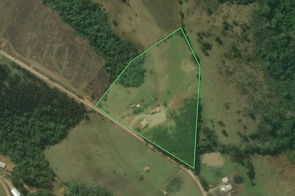 Imagem de satélite do imóvel rural em Rio Branco do Sul (PR), com o contorno declarado no CAR desenhado por cima.