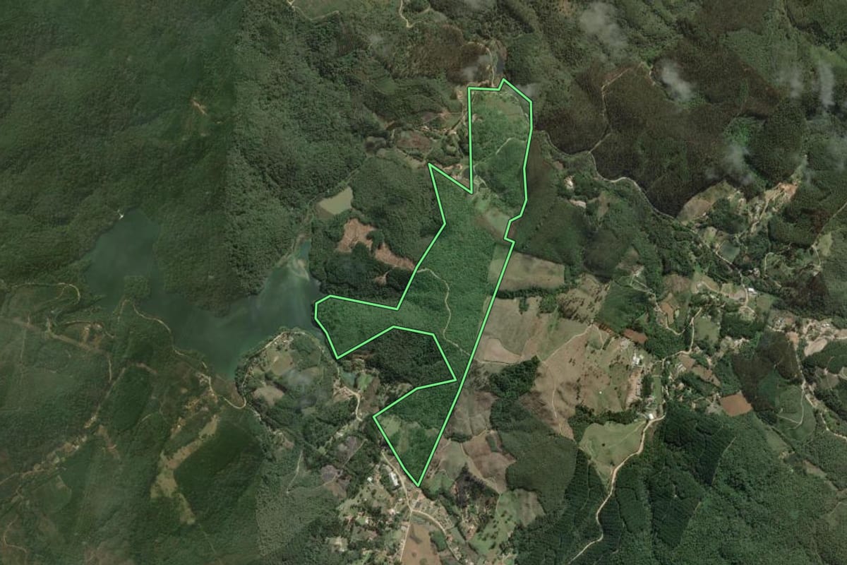 Imagem de satélite do imóvel rural em Rio Branco do Sul (PR), com o contorno declarado no CAR desenhado por cima.