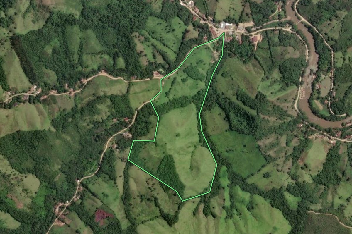 Imagem de satélite do imóvel rural em Rio Branco do Sul (PR), com o contorno declarado no CAR desenhado por cima.