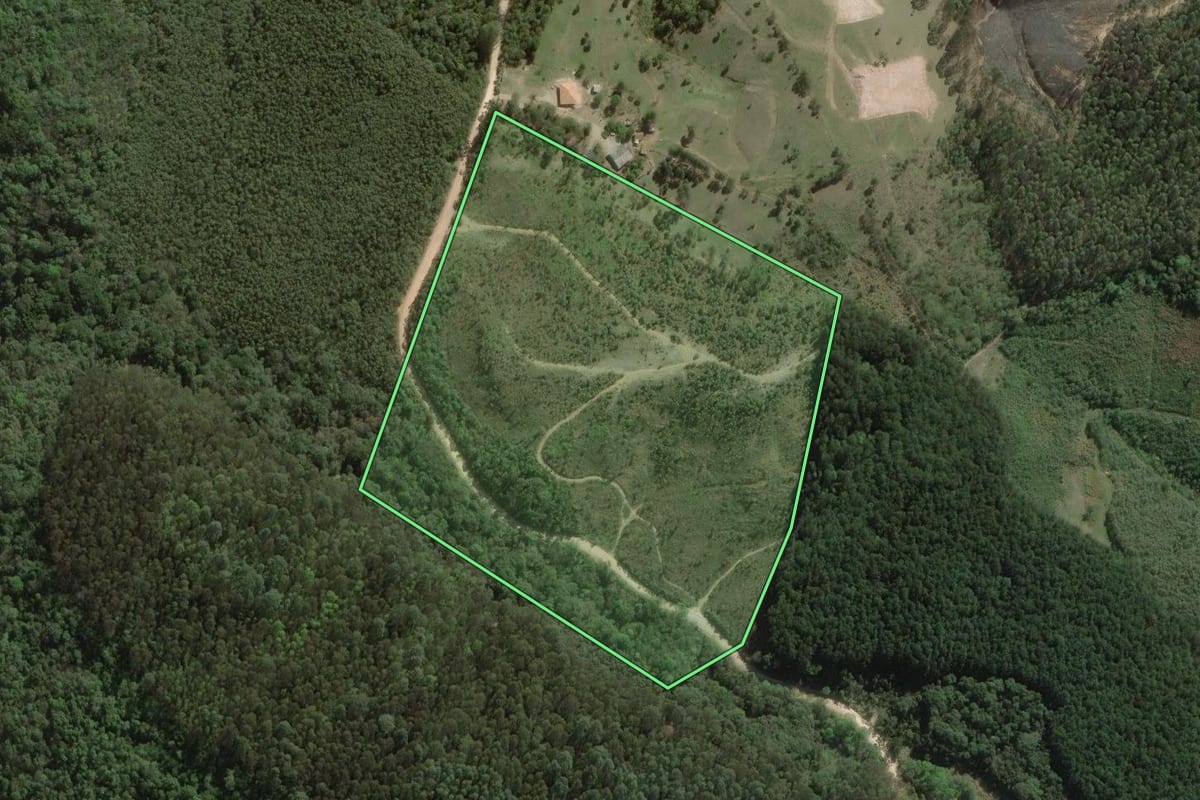 Imagem de satélite do imóvel rural em Rio Branco do Sul (PR), com o contorno declarado no CAR desenhado por cima.