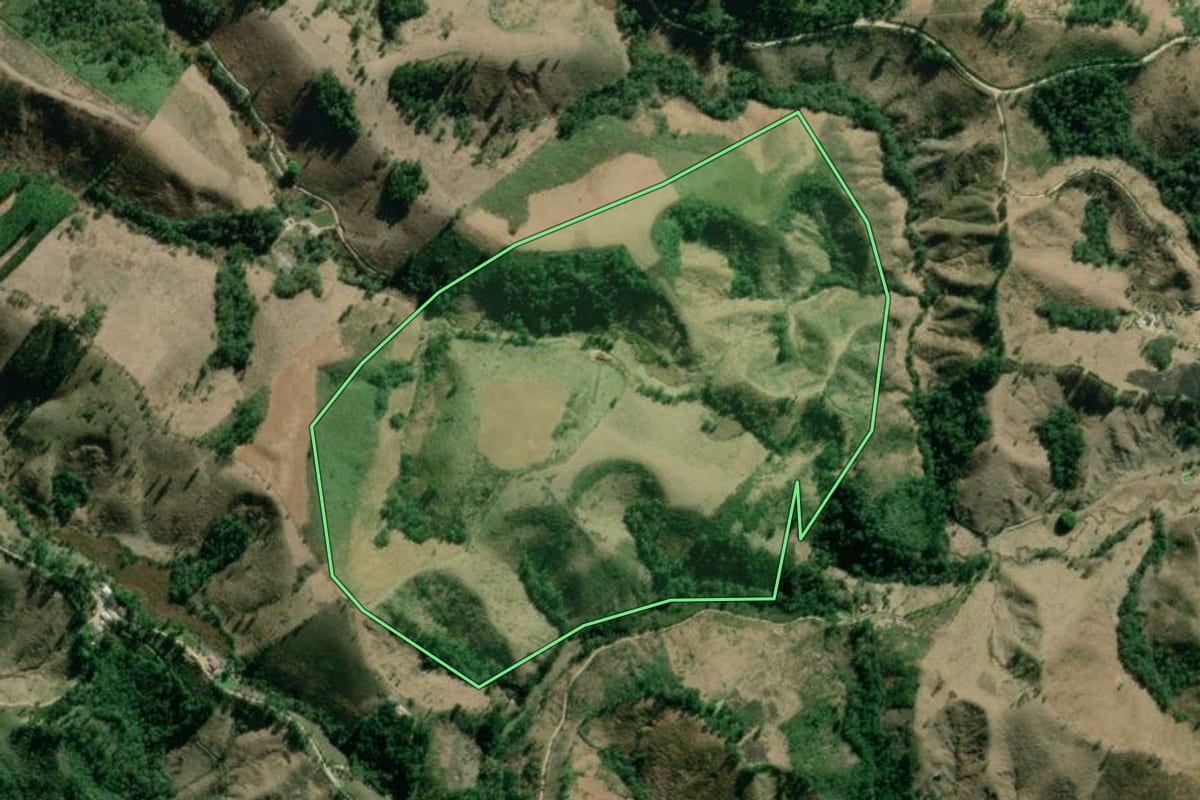 Imagem de satélite do imóvel rural em Rio Branco do Sul (PR), com o contorno declarado no CAR desenhado por cima.