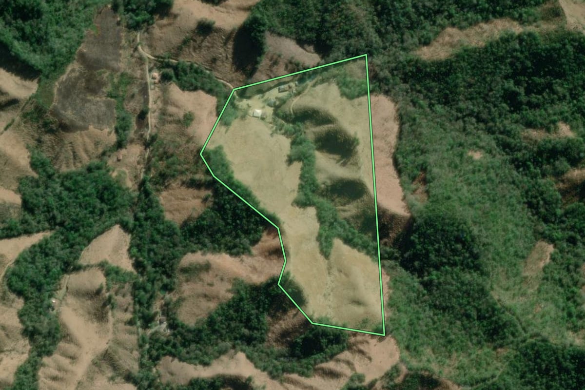 Imagem de satélite do imóvel rural em Rio Branco do Sul (PR), com o contorno declarado no CAR desenhado por cima.