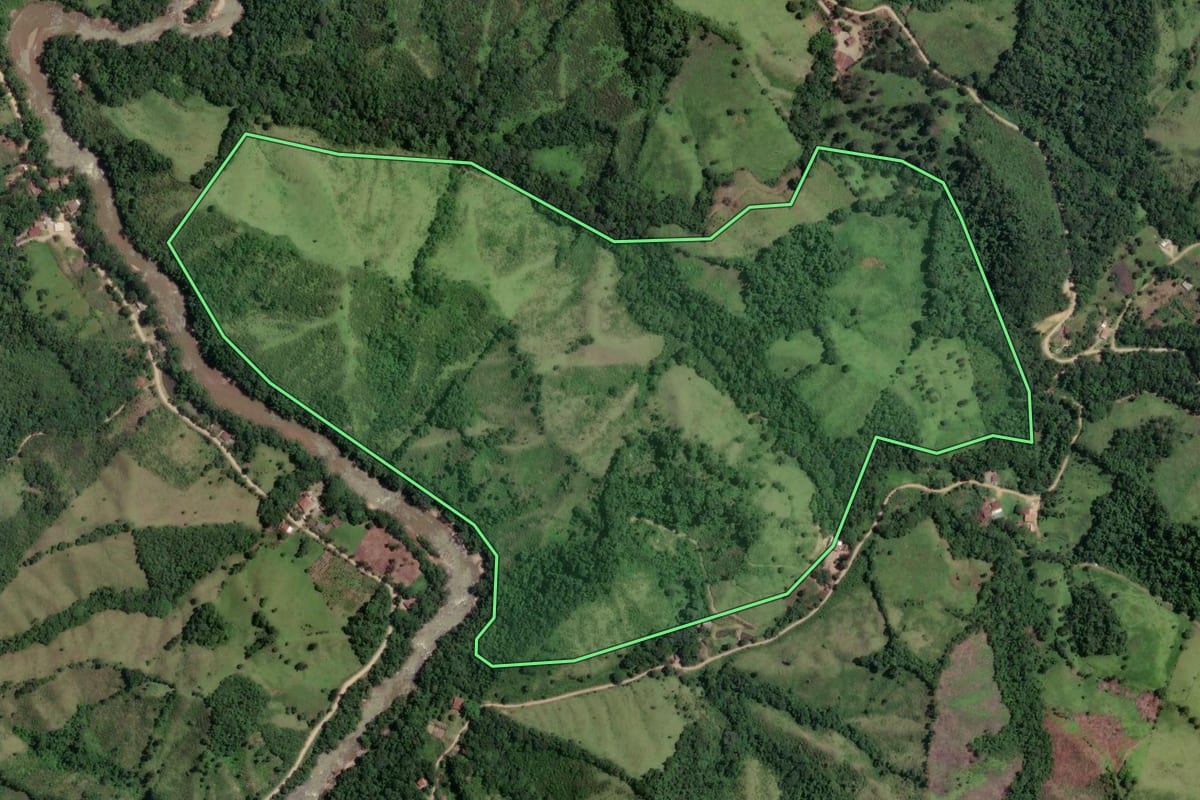Imagem de satélite do imóvel rural em Rio Branco do Sul (PR), com o contorno declarado no CAR desenhado por cima.