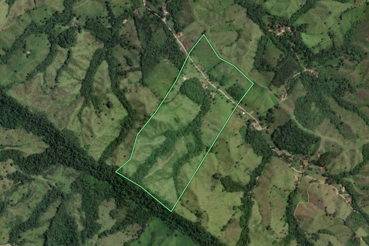 Imagem de satélite do imóvel rural em Rio Branco do Sul (PR), com o contorno declarado no CAR desenhado por cima.