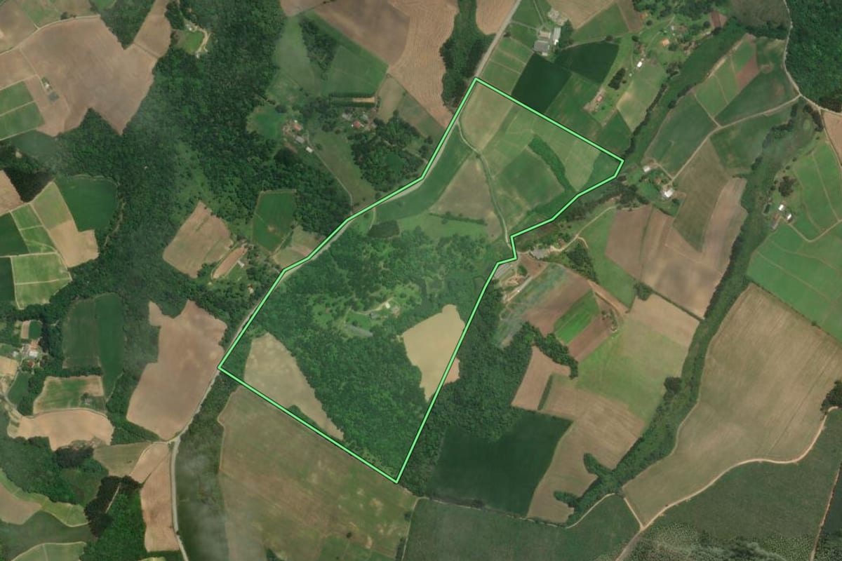 Imagem de satélite do imóvel rural em Rio Negro (PR), com o contorno declarado no CAR desenhado por cima.