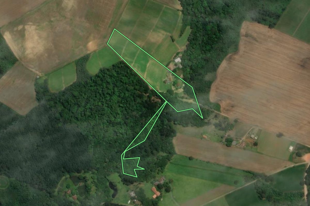 Imagem de satélite do imóvel rural em Rio Negro (PR), com o contorno declarado no CAR desenhado por cima.