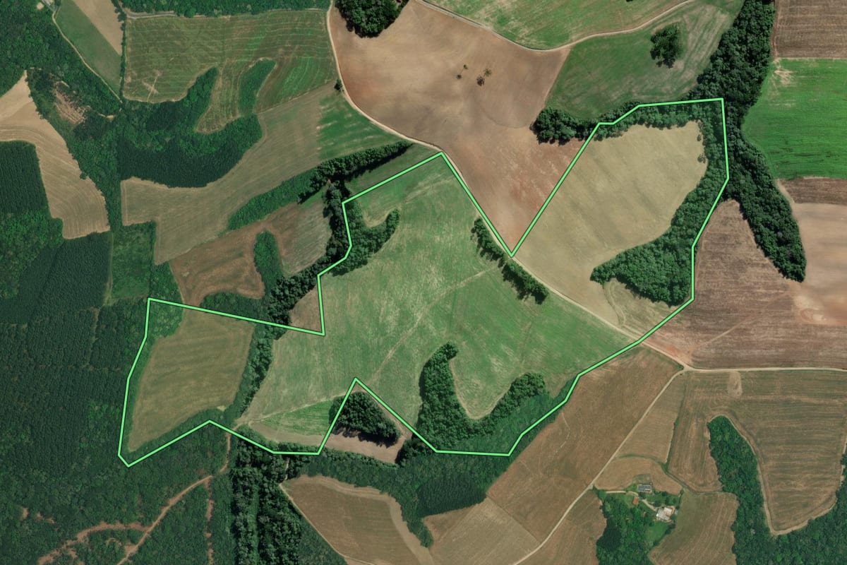 Imagem de satélite do imóvel rural em Rio Negro (PR), com o contorno declarado no CAR desenhado por cima.
