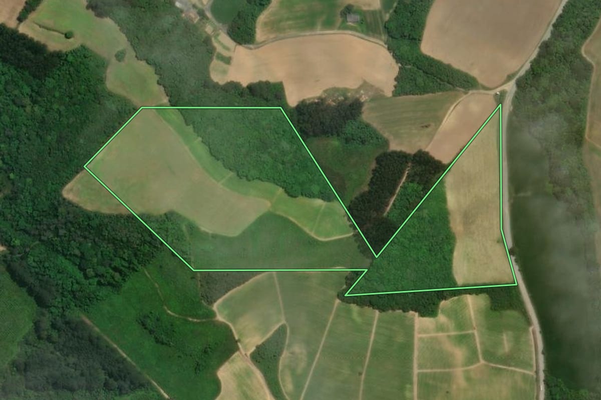 Imagem de satélite do imóvel rural em Rio Negro (PR), com o contorno declarado no CAR desenhado por cima.