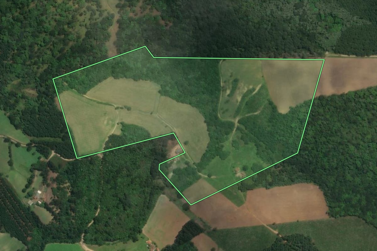 Imagem de satélite do imóvel rural em Rio Negro (PR), com o contorno declarado no CAR desenhado por cima.