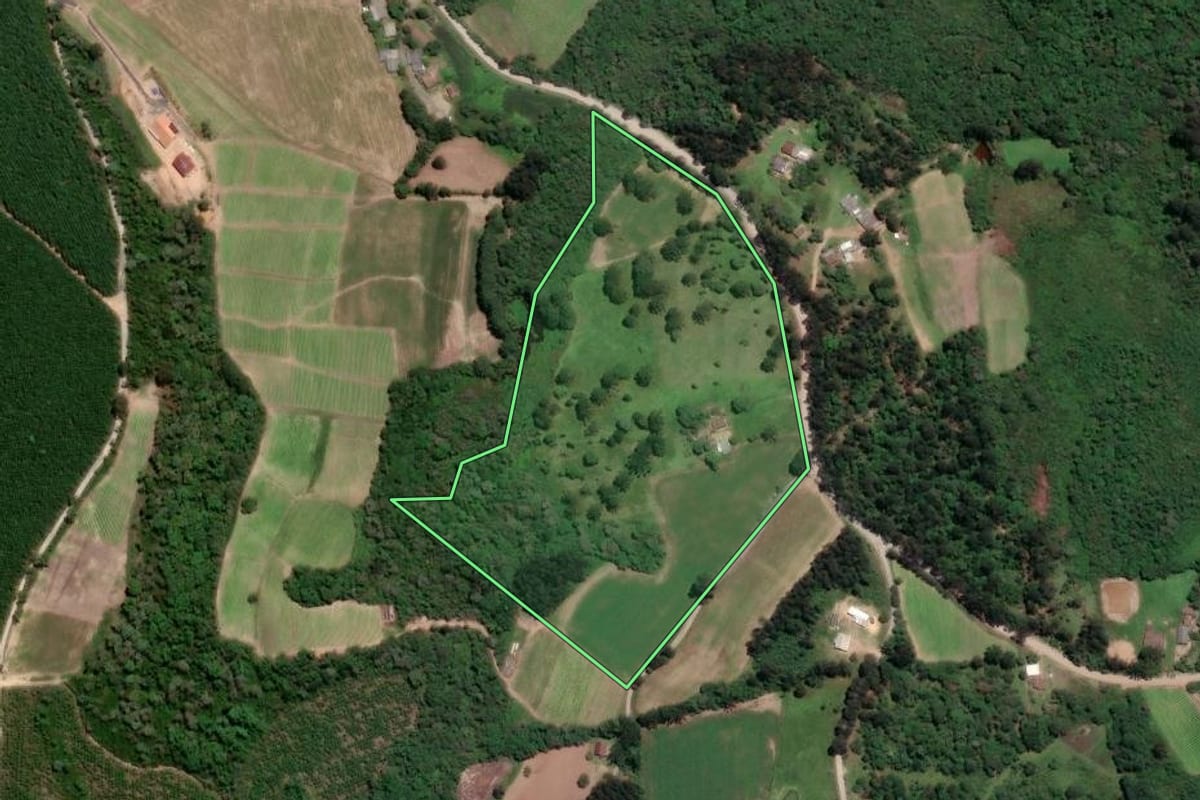 Imagem de satélite do imóvel rural em Rio Negro (PR), com o contorno declarado no CAR desenhado por cima.