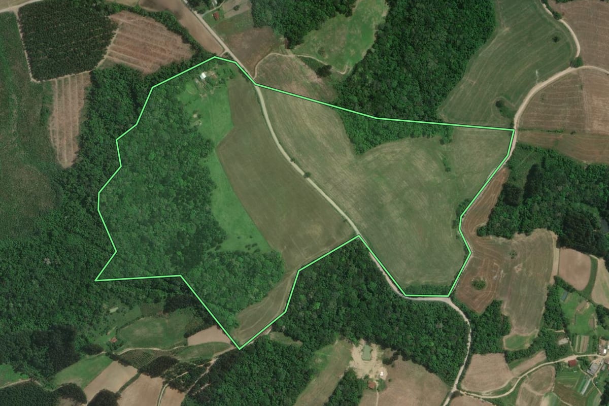 Imagem de satélite do imóvel rural em Rio Negro (PR), com o contorno declarado no CAR desenhado por cima.