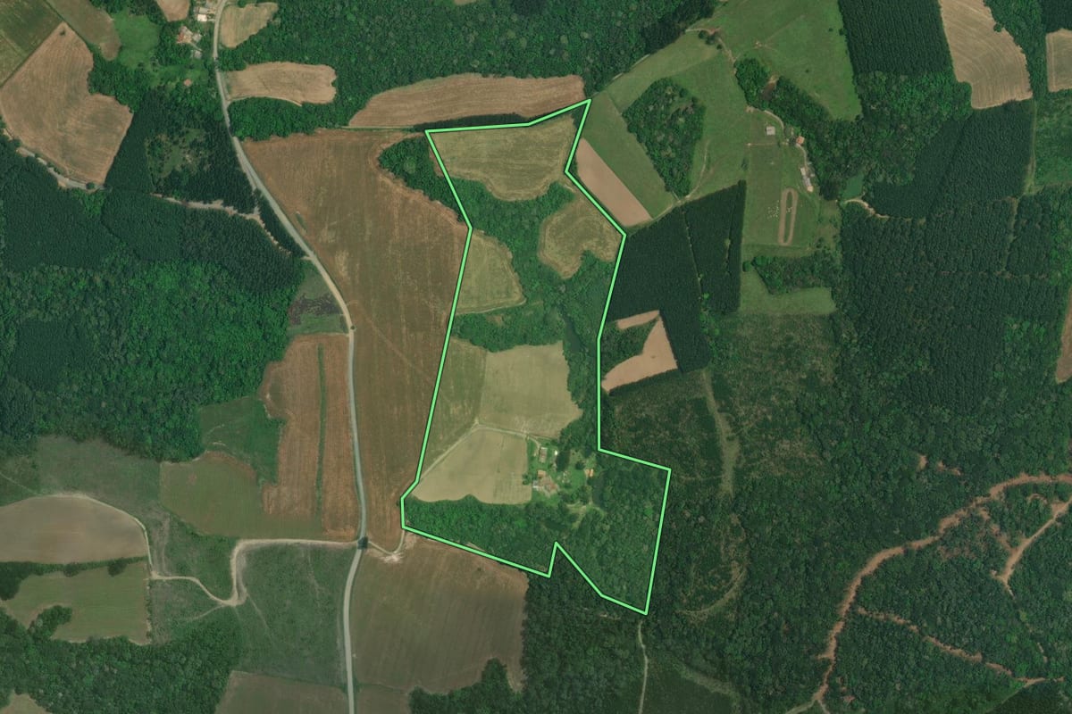 Imagem de satélite do imóvel rural em Rio Negro (PR), com o contorno declarado no CAR desenhado por cima.