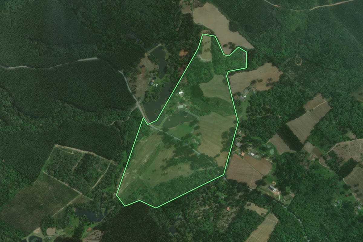 Imagem de satélite do imóvel rural em Rio Negro (PR), com o contorno declarado no CAR desenhado por cima.