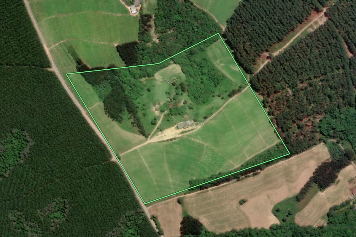 Imagem de satélite do imóvel rural em Rio Negro (PR), com o contorno declarado no CAR desenhado por cima.