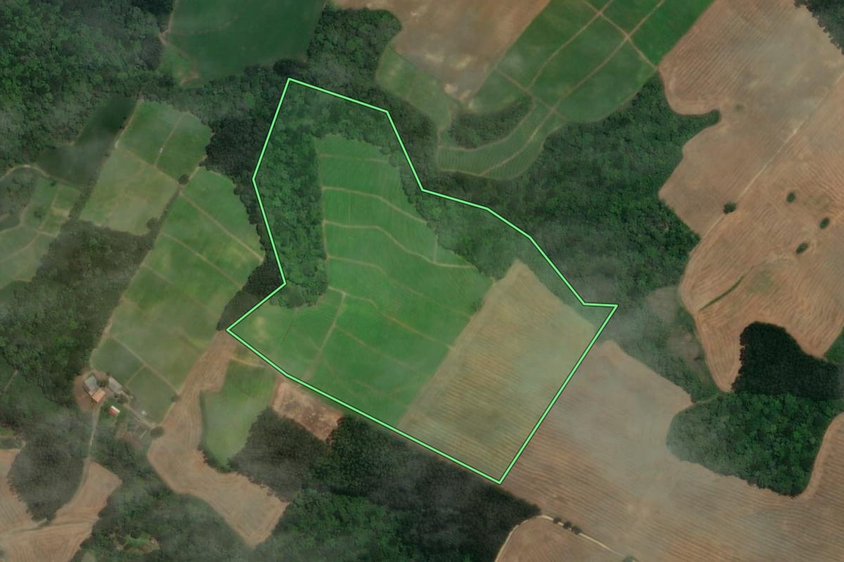 Imagem de satélite do imóvel rural em Rio Negro (PR), com o contorno declarado no CAR desenhado por cima.