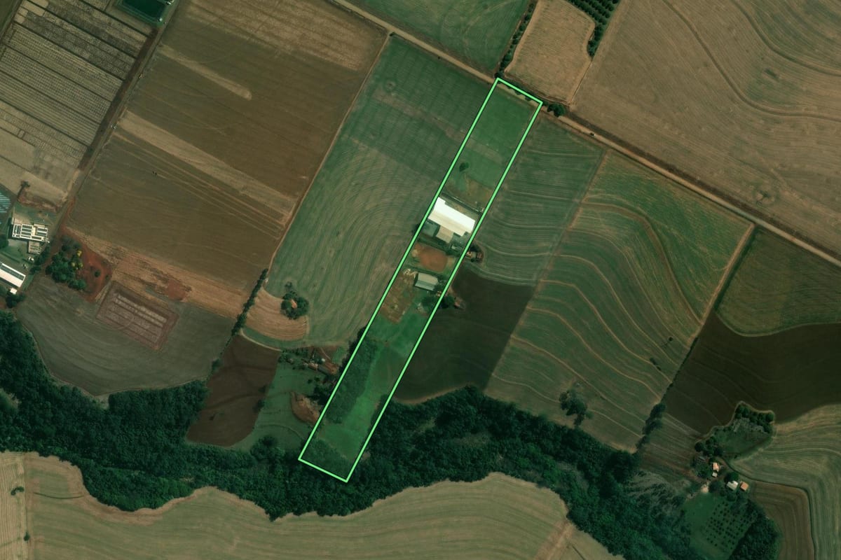 Imagem de satélite do imóvel rural em Rolândia (PR), com o contorno declarado no CAR desenhado por cima.