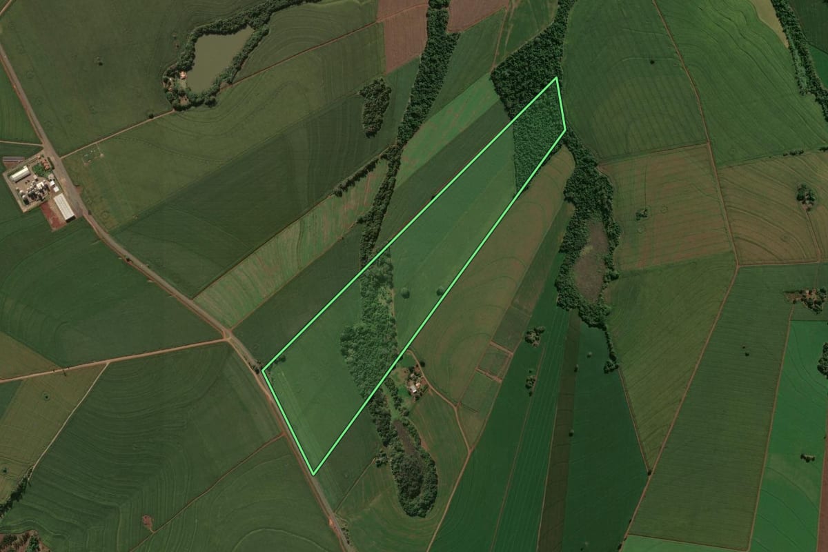 Imagem de satélite do imóvel rural em Rolândia (PR), com o contorno declarado no CAR desenhado por cima.