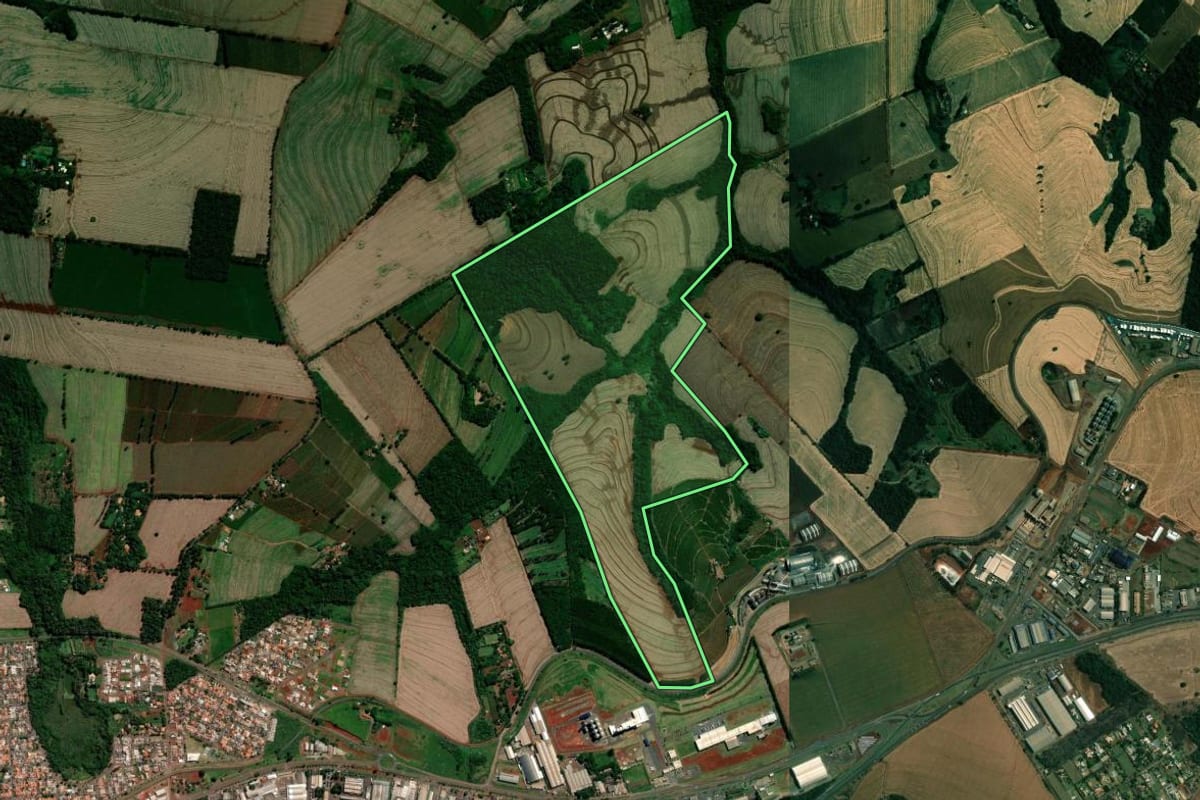 Imagem de satélite do imóvel rural em Rolândia (PR), com o contorno declarado no CAR desenhado por cima.